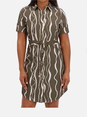 Halston Heritage Olive and Cream Wave-Print Midi Shirt Dress Size L